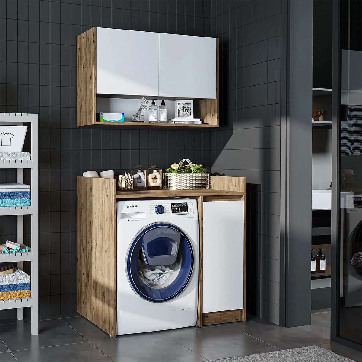 RoomArt Derin Washing Machine Cabinet with Cupboard and Wall Unit, 100cm in White and Oak