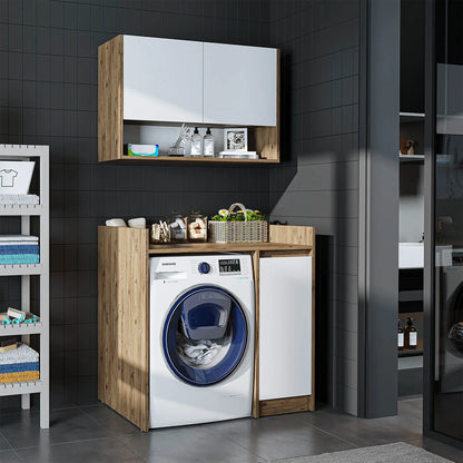 RoomArt Derin Washing Machine Cabinet with Cupboard and Wall Unit, 100cm in White and Oak