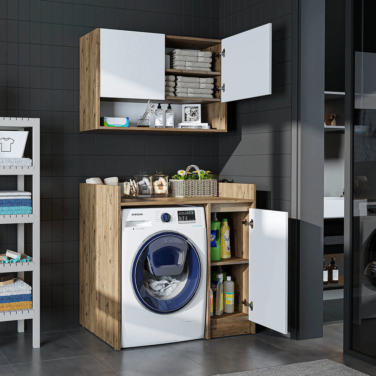 RoomArt Derin Washing Machine Cabinet with Cupboard and Wall Unit, 100cm in White – view 4