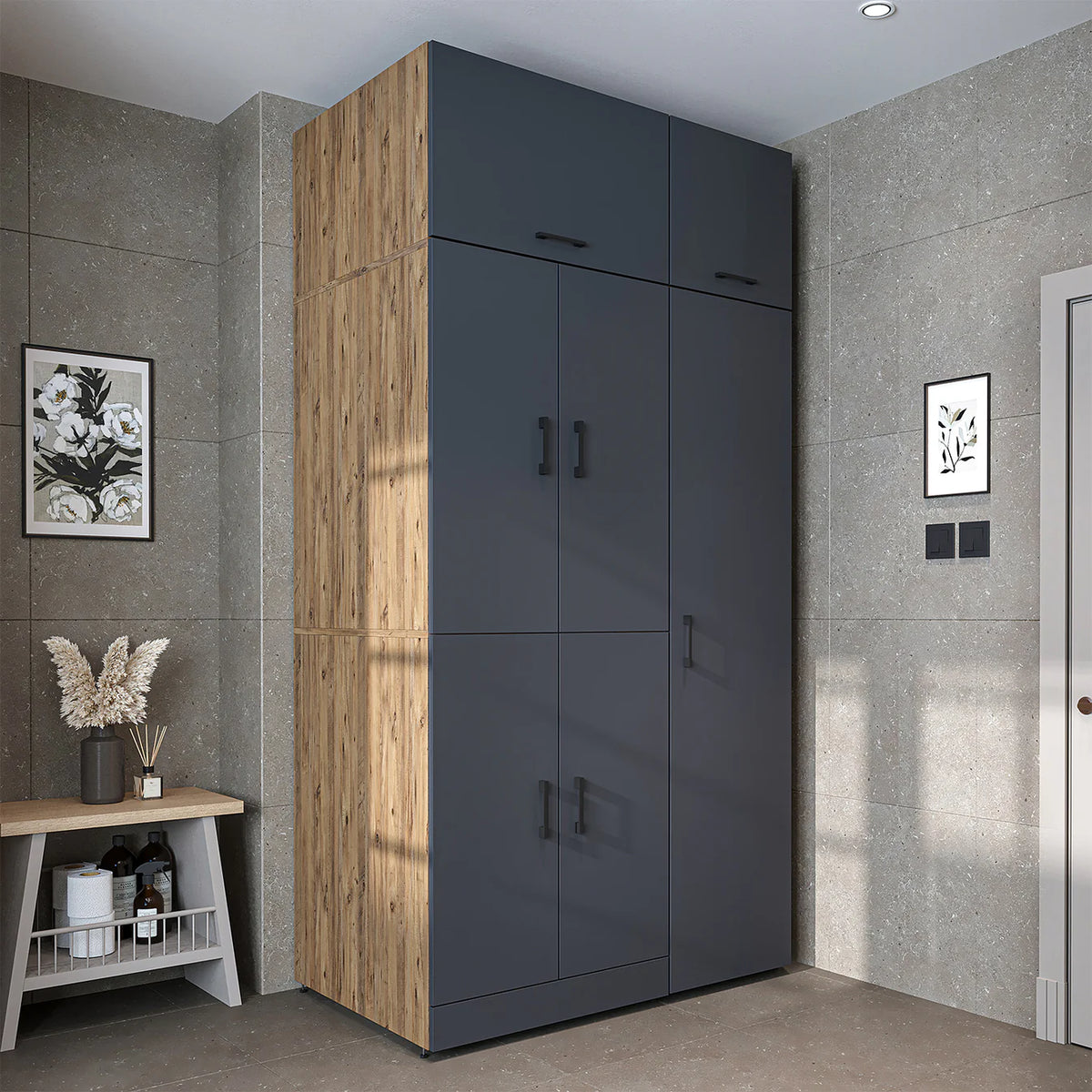 RoomArt Dora Washer & Dryer Cabinet with Side Storage 115cm in Anthracite and Oak – view 10