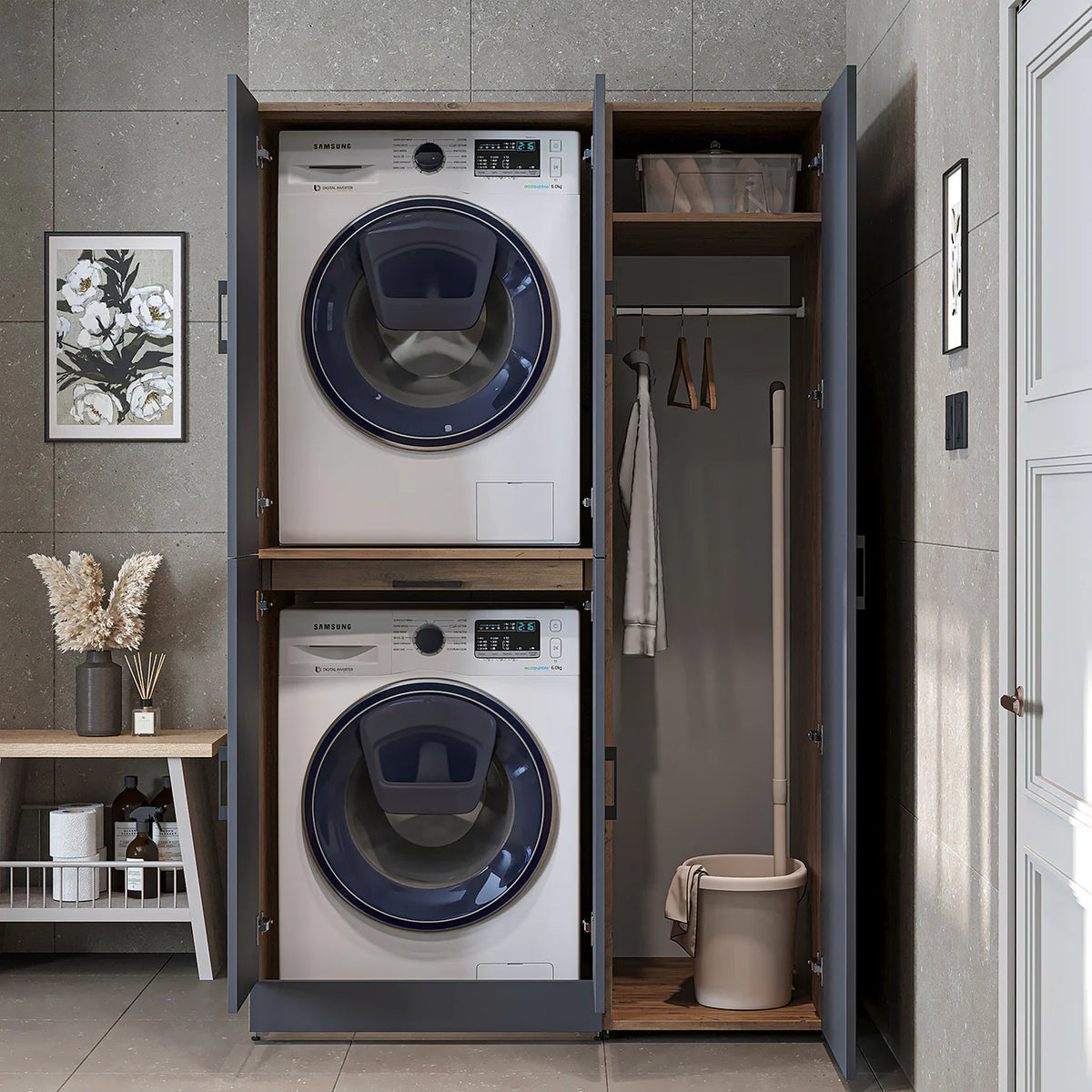 RoomArt Dora Washer & Dryer Cabinet with Side Storage 115cm in Anthracite and Oak – view 2