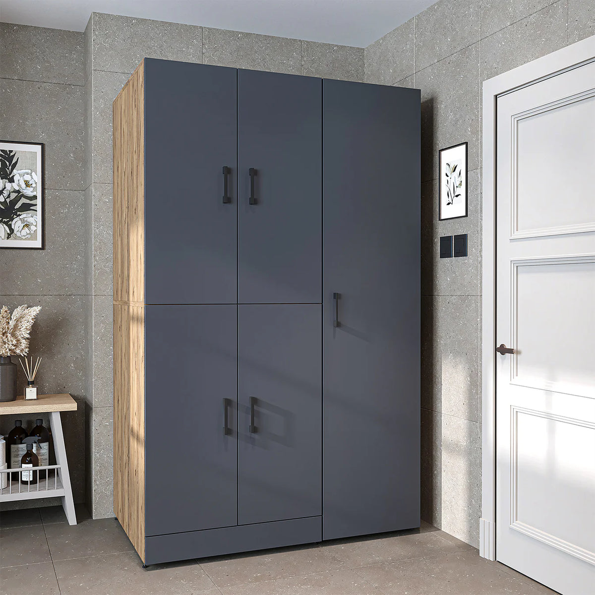 RoomArt Dora Washer & Dryer Cabinet with Side Storage 115cm in Anthracite and Oak – view 5