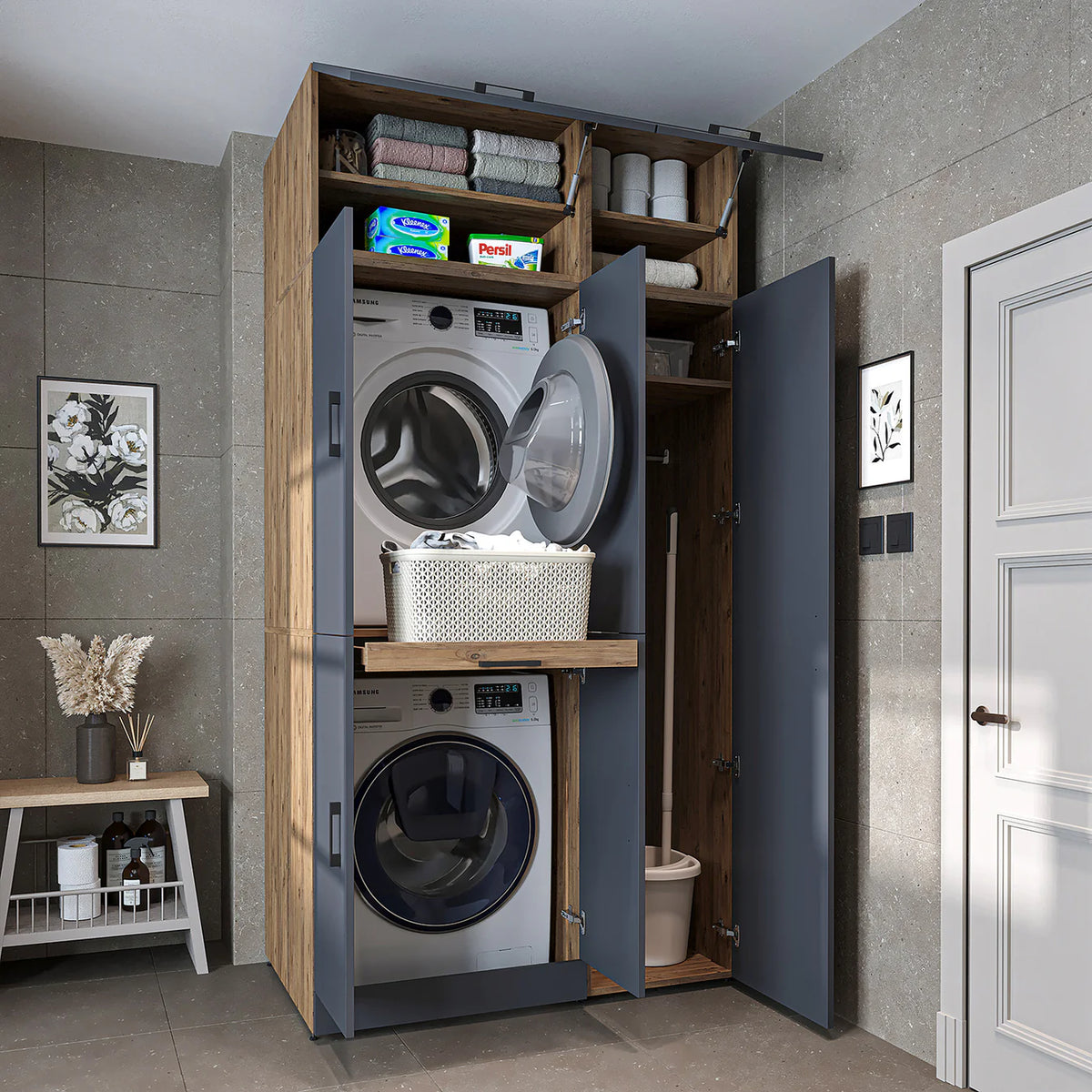 RoomArt Dora Washer & Dryer Cabinet with Side Storage 115cm in Anthracite and Oak – view 6