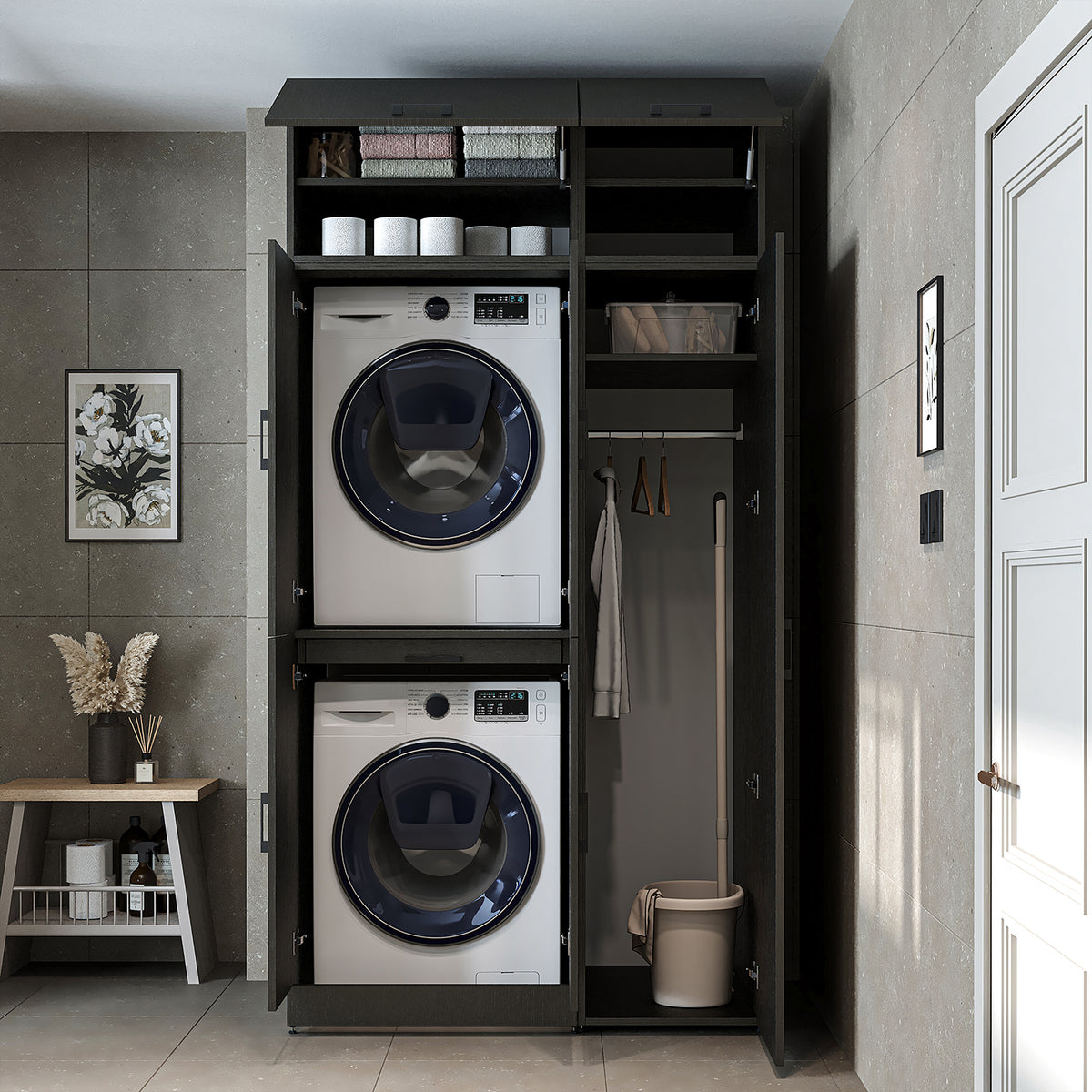 RoomArt Dora Washer & Dryer Cabinet with Side Storage 115cm in Black Oak – view 7