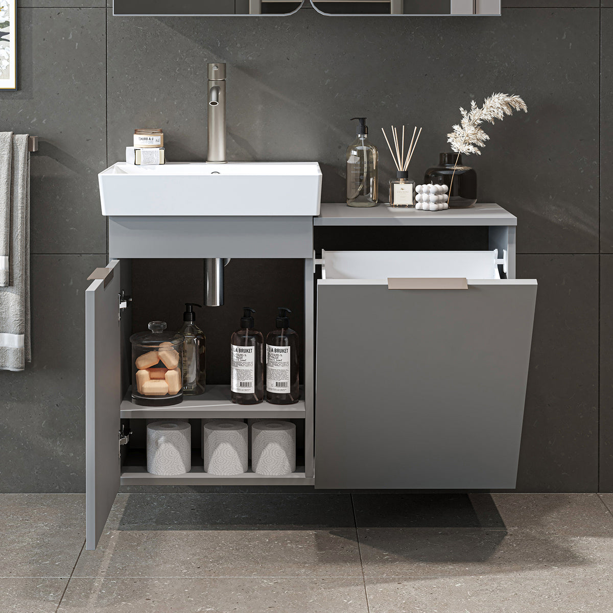 RoomArt Dubai Wall Hung Bathroom Vanity Unit with Basin & Laundry Tilt Cabinet 92cm in Ash Grey – view 4