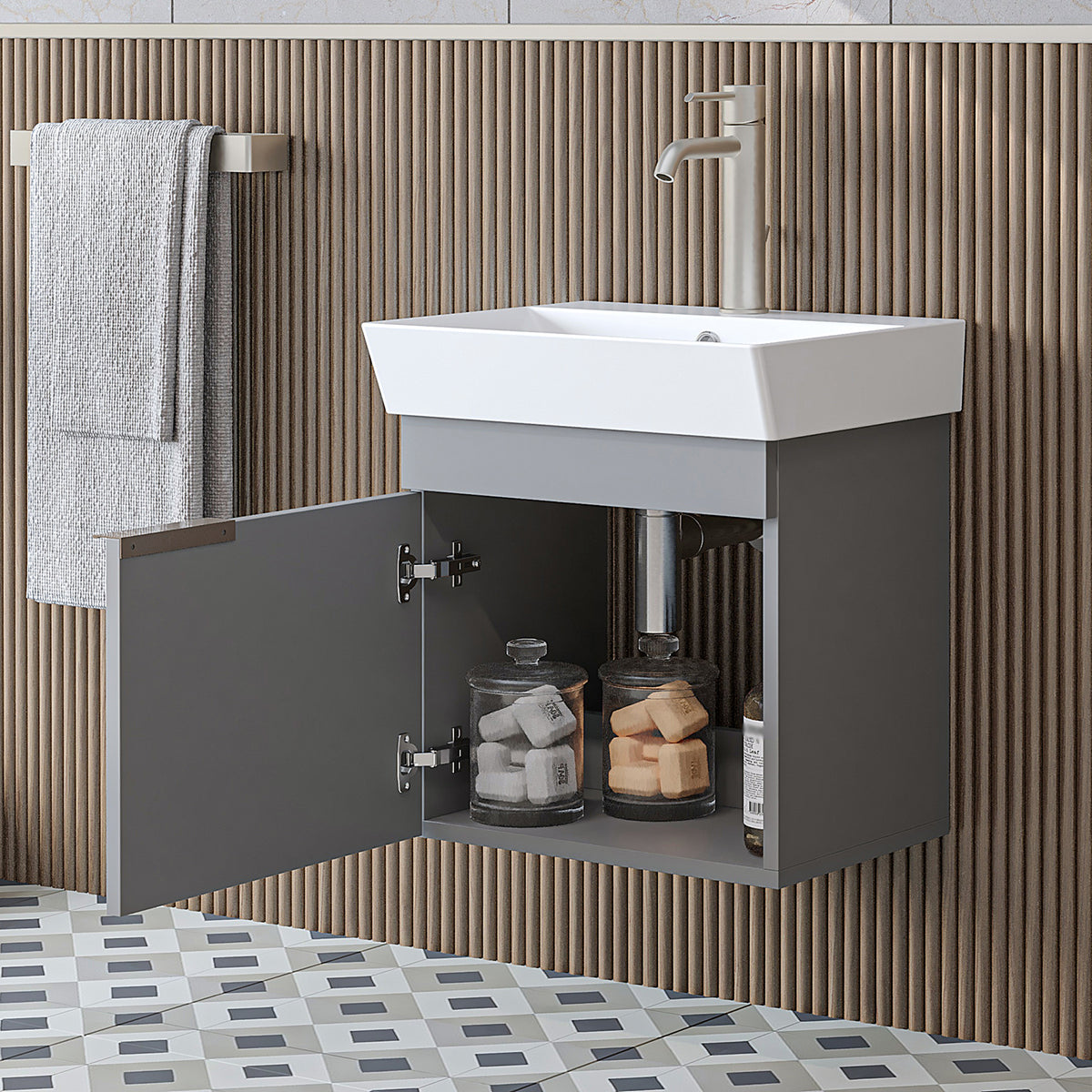 RoomArt Likya Vanity Unit with Ceramic Washbasin, 49 cm in Ash Grey – view 2