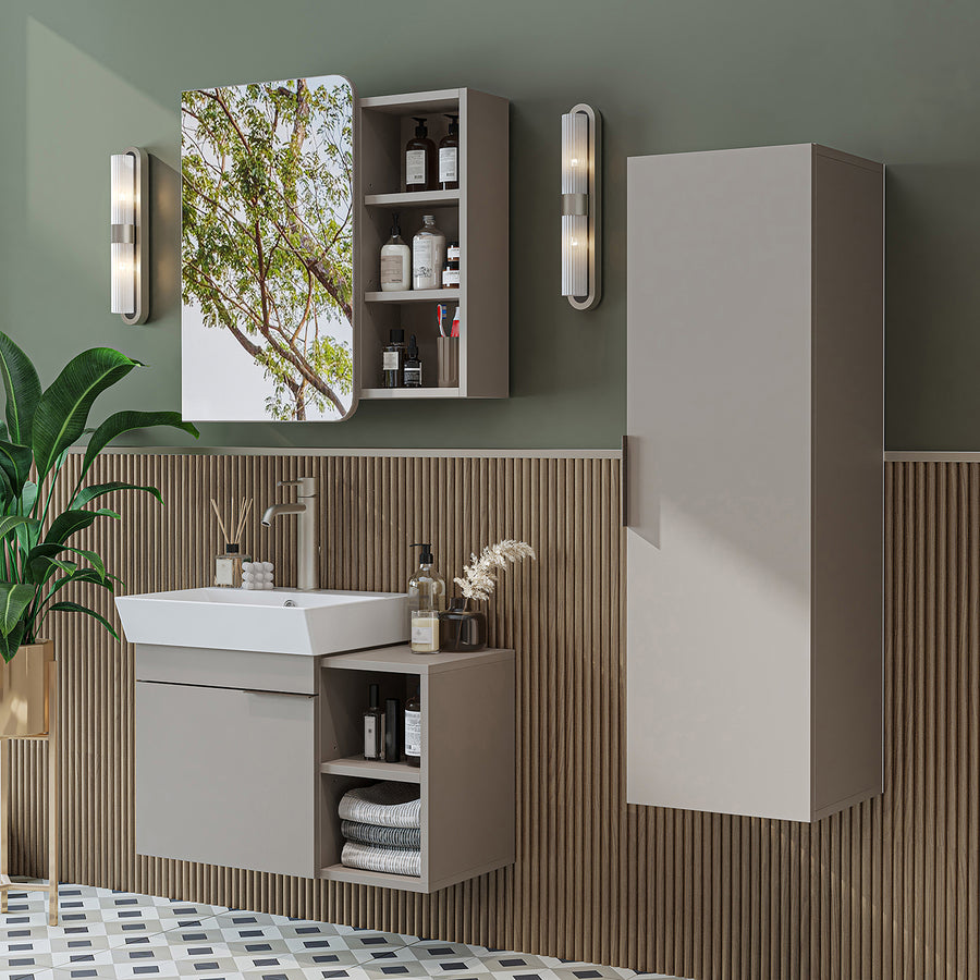 RoomArt Likya - Wall Mounted Bathroom Set with 72cm Vanity Unit and Basin, Mirror Cabinet and Tall Storage Cupboard