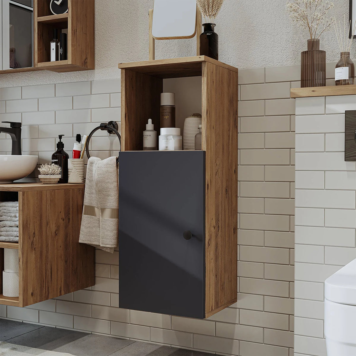 RoomArt Lotus Bathroom Towel Storage Cabinet in Anthracite and Oak – view 10