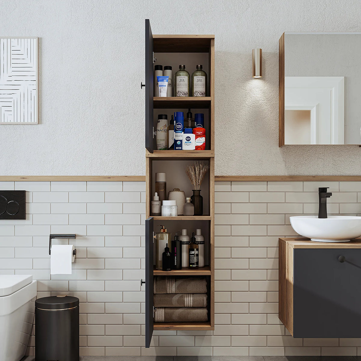 RoomArt Lotus Bathroom Towel Storage Cabinet in Anthracite and Oak – view 3