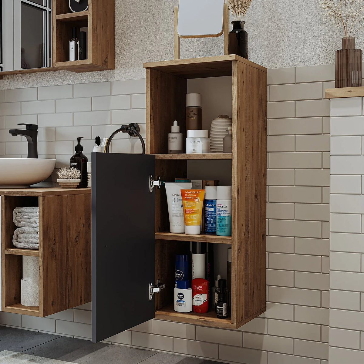 RoomArt Lotus Bathroom Towel Storage Cabinet in Anthracite and Oak – view 7