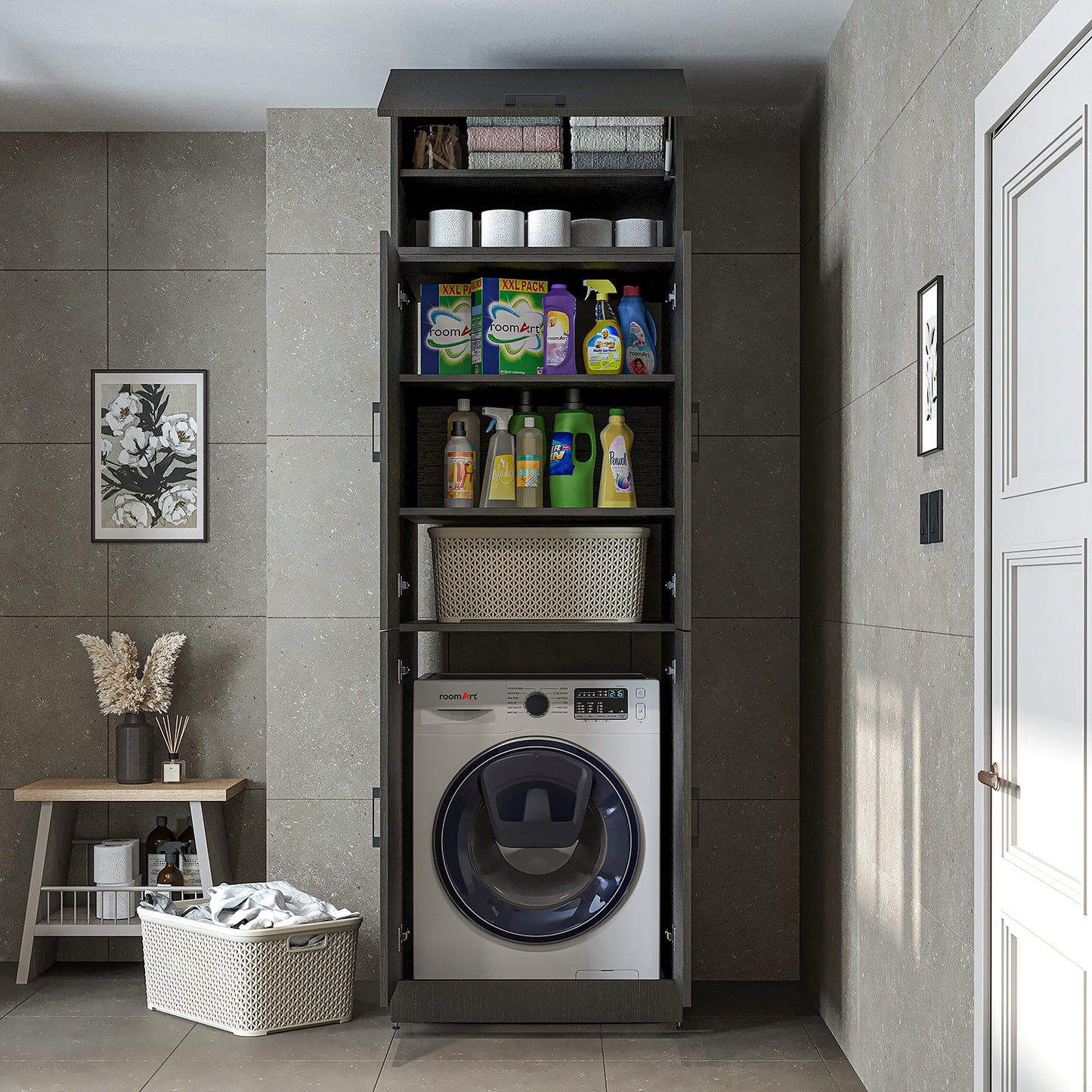 Roomart Dora Flex - 2-in-1 Cabinet for Washing Machine with Storage Shelves or Dryer Stacker