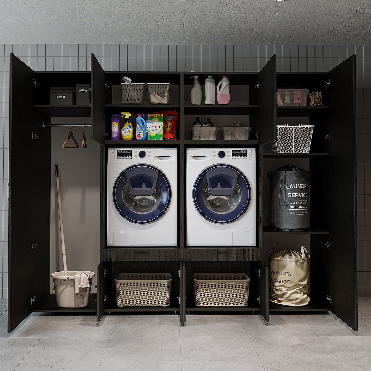 The Roomart A Luxe Line - Twin Washer & Dryer Cabinet Set with Side Storage Units