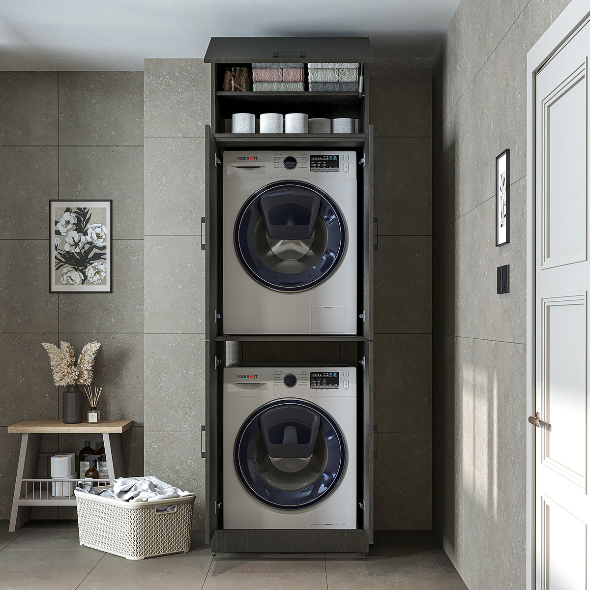 Roomart Dora Flex - 2-in-1 Cabinet for Washing Machine with Storage Shelves or Dryer Stacker