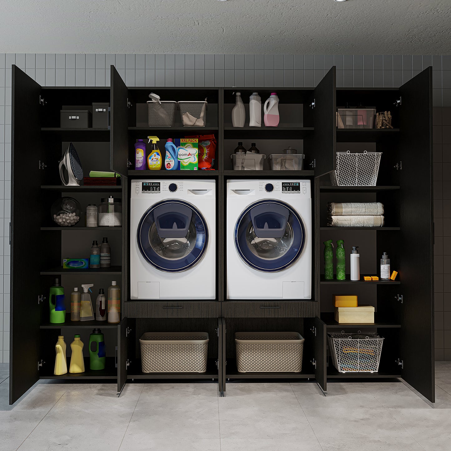 The Roomart A Luxe Line - Twin Washer & Dryer Cabinet Set with Side Storage Units