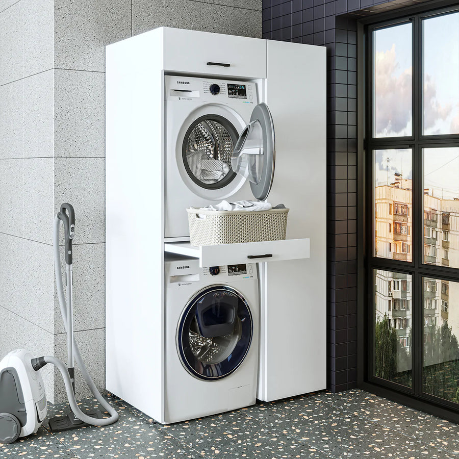 RoomArt D Cabinet - Washer Dryer Stacker Cabinet with Top Cupboard and Side Storage